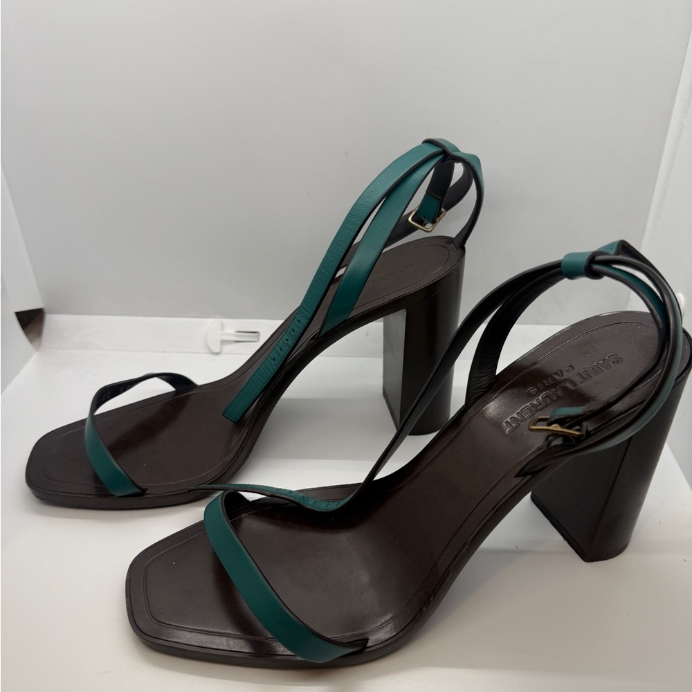Saint Laurent Teal and Brown Heeled Sandals - Picture 5 of 8
